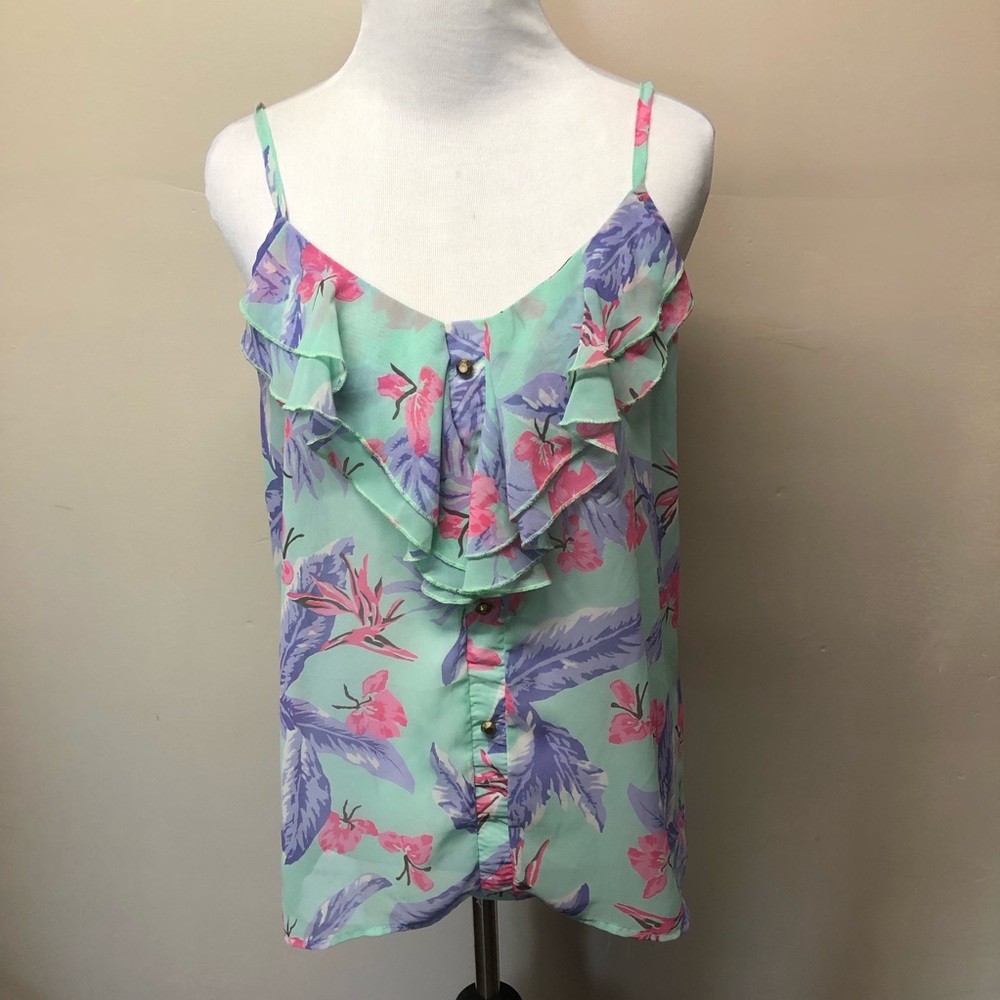 B Sharp Blue Tropical Floral Tank Size Medium